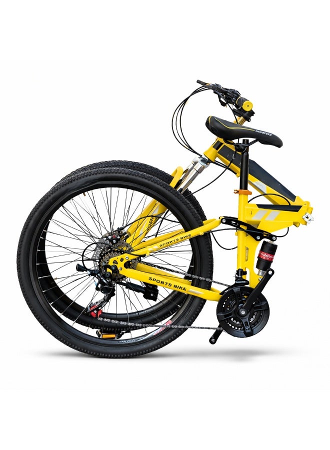 DEXO 20-Inch Folding Bike – 21-Speed Mountain Bicycle with Carbon Steel Frame, Front Suspension & Dual Disc Brakes, Yellow - Image 2